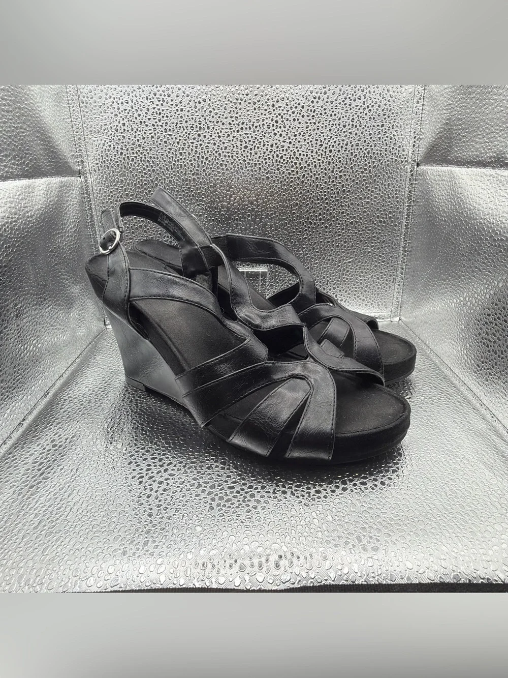 Aerology Black Strappy Wedge Sandals